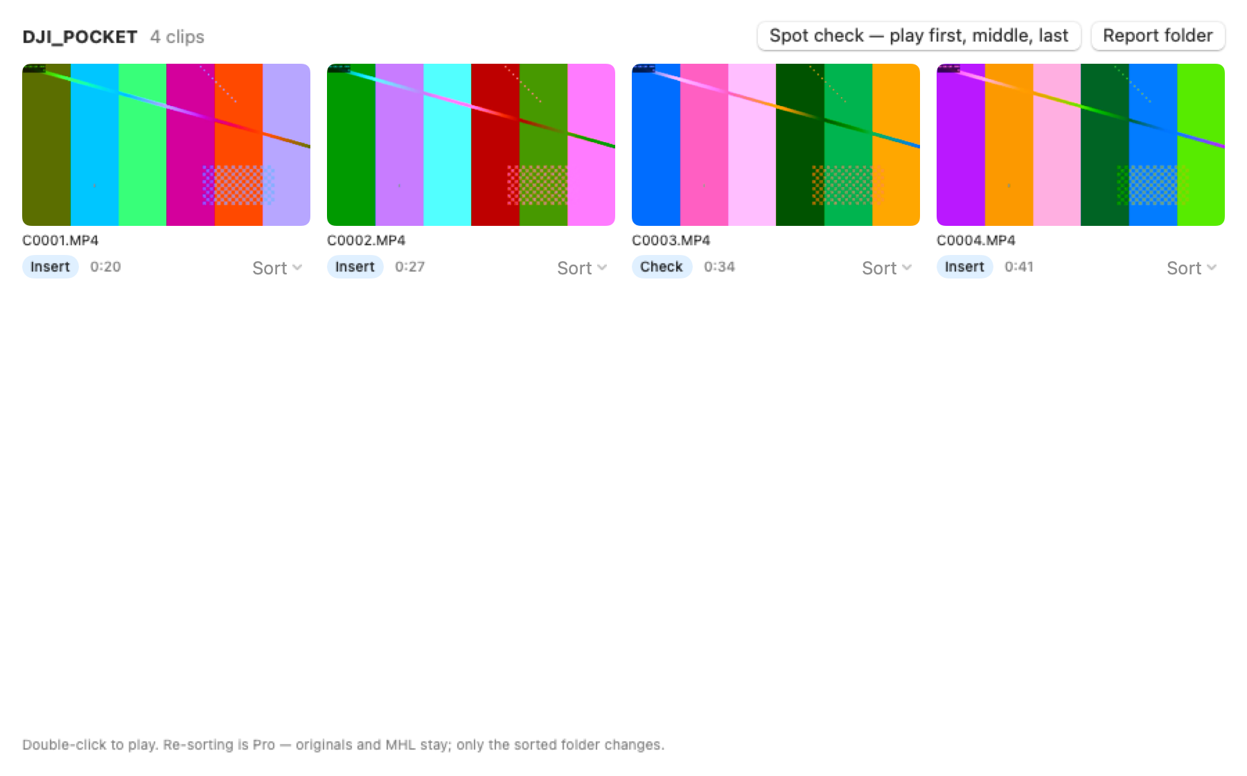 Report window — thumbnails, categories, play first, middle and last clips.